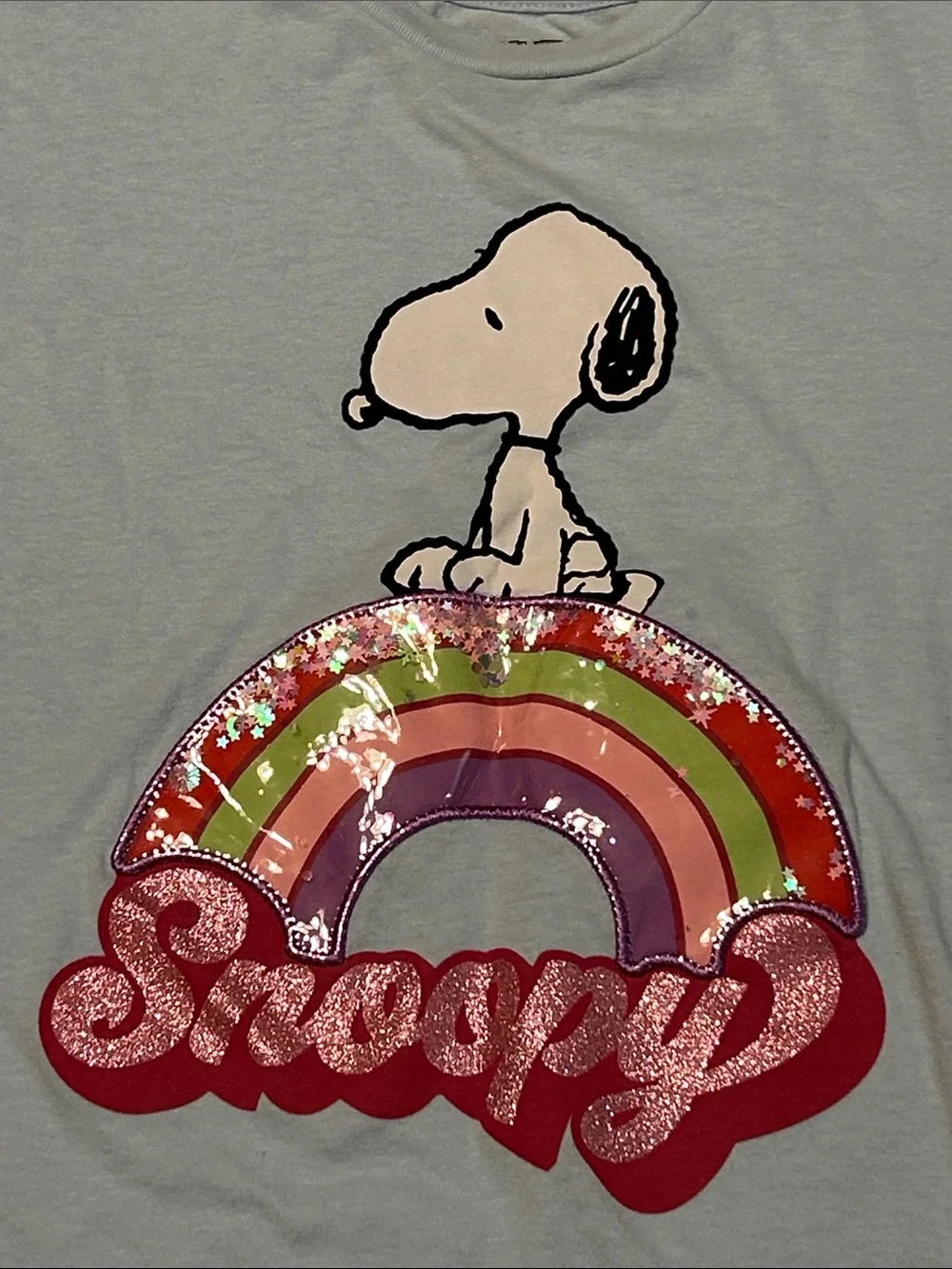 Peanuts Snoopy Light Blue Rainbow Sequin Star Bubble Girls Graphic Tee Sz XL